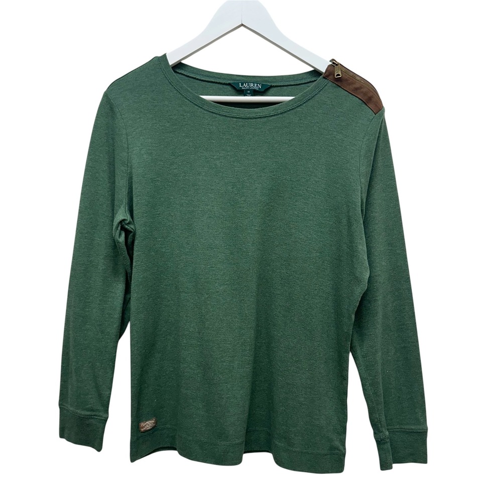 Lauren Ralph Lauren Green Long Sleeve Top Elbow Patches Zipper Shoulder 1X